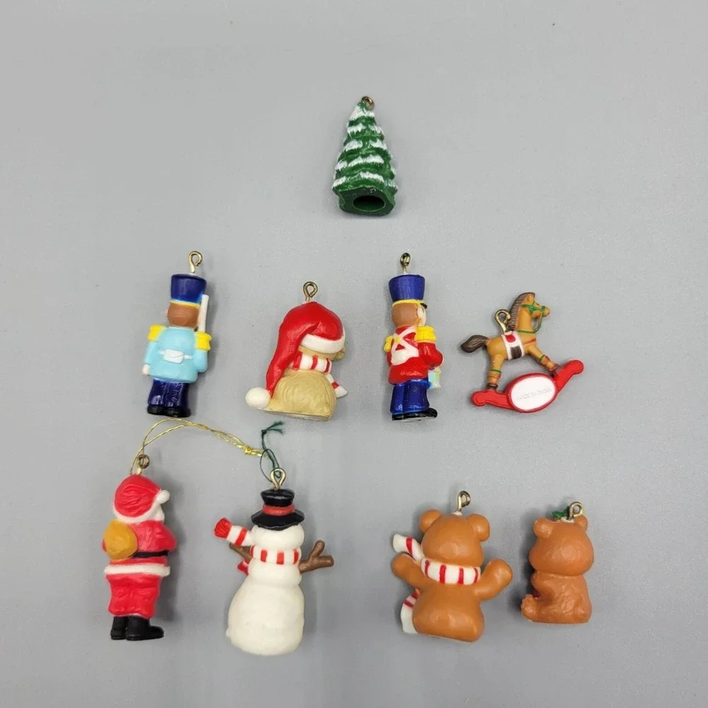 Vtg Christmas Miniature Ornaments Set Of 9 Plastic Figurines Santa Snowman Bear